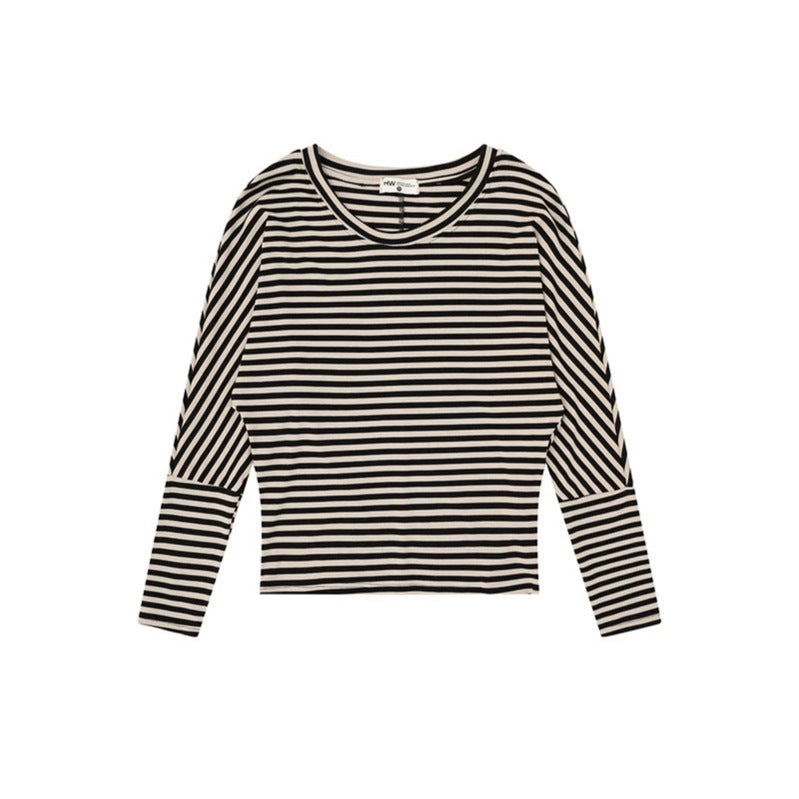 Women Striped Long Sleeve Round Neck Top made of Cotton Blend Chichicherry