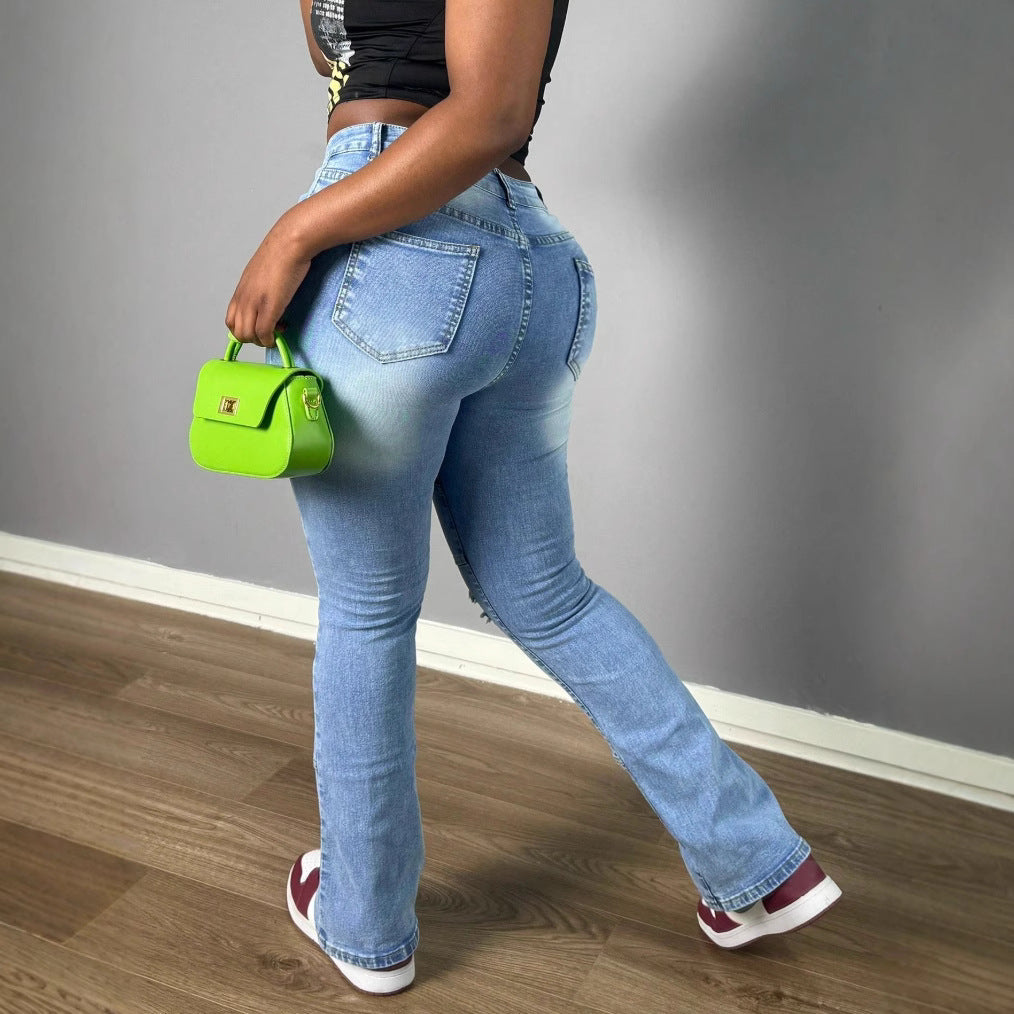 Women's jeans pants with high waist, straight leg, knee ribs and panel seams Chichicherry