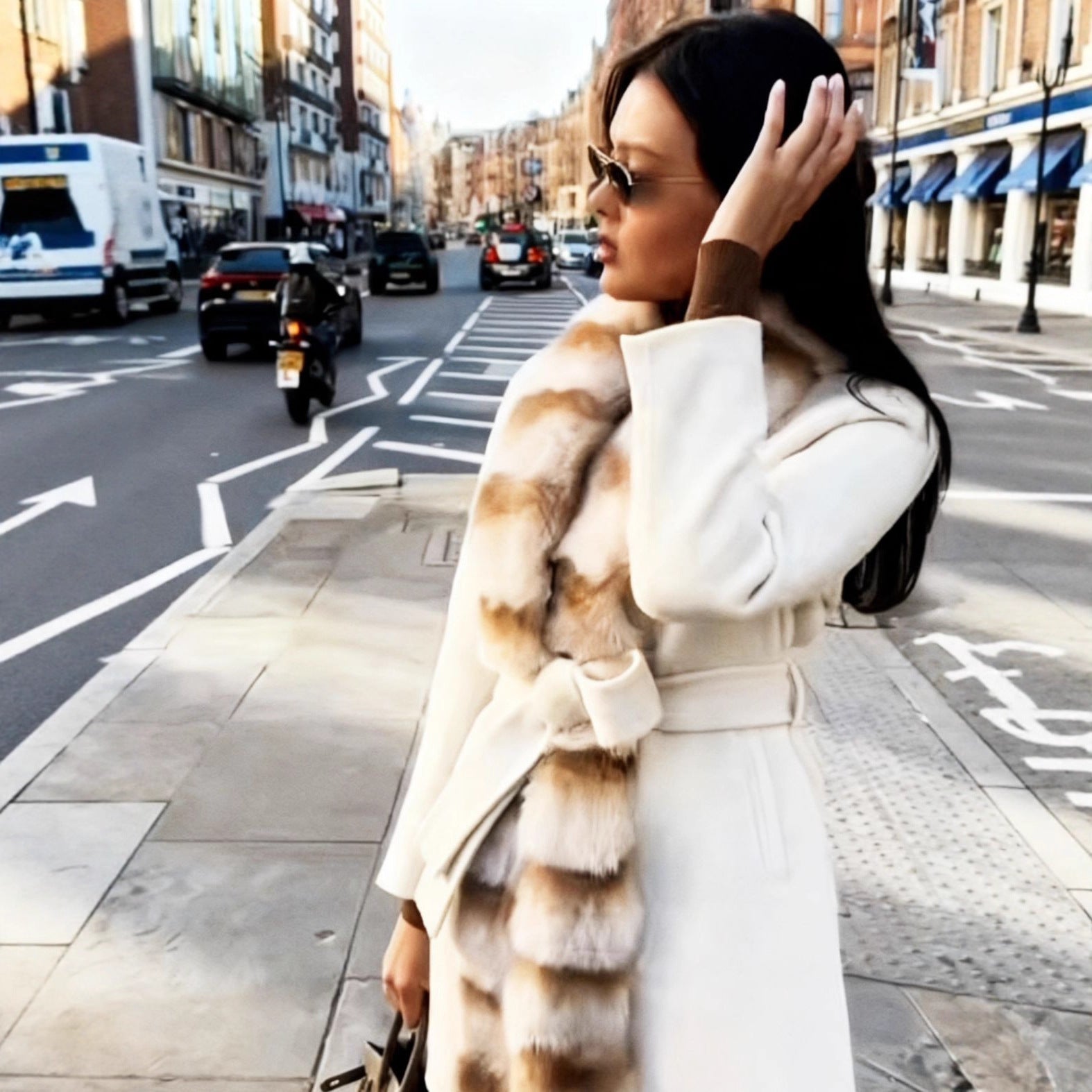 Women's Tailored Wool Blend Coat with Tie Belt and Removable Faux Fur Shawl Collar Chichicherry