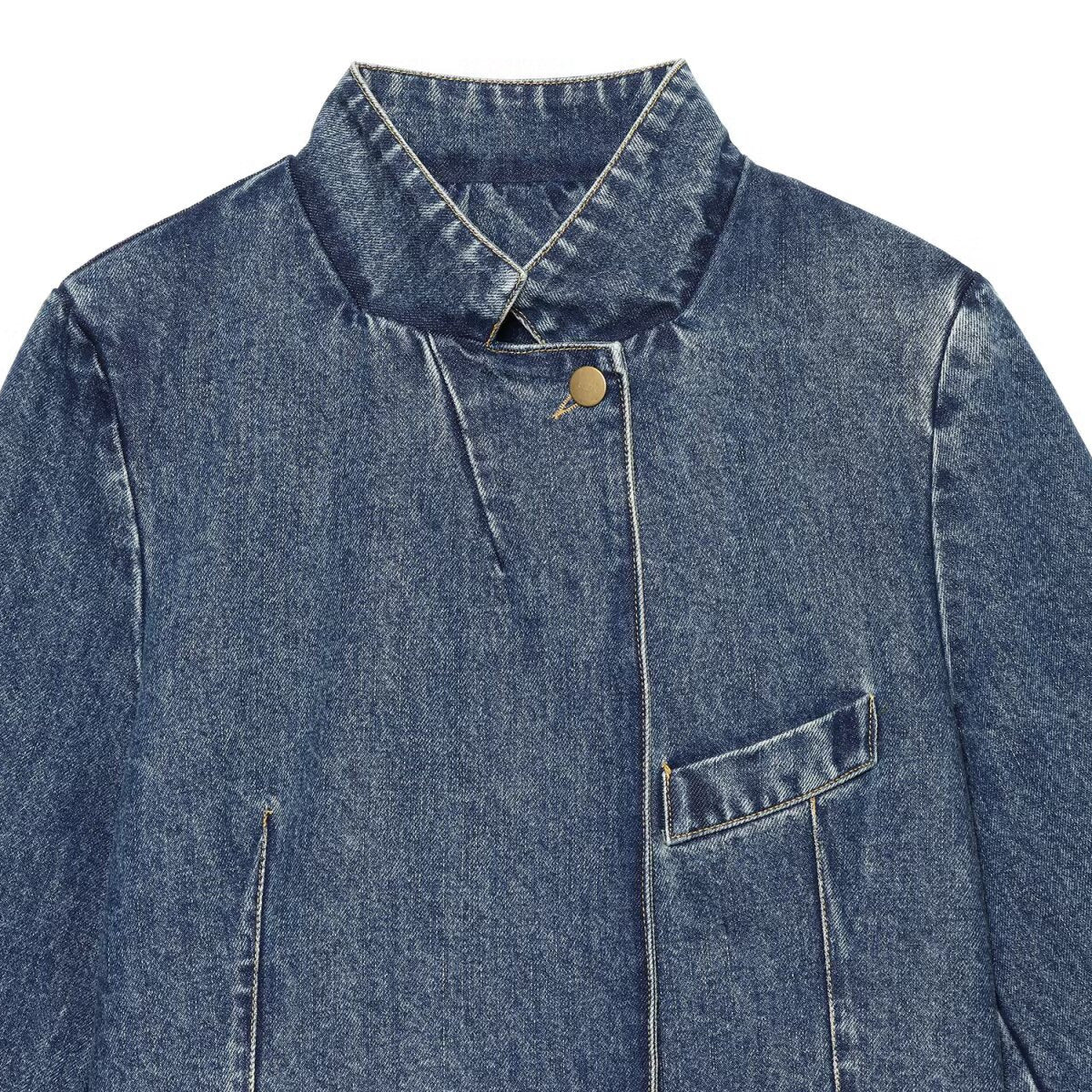 Women's Boxy Cropped Denim Jacket with Stand Collar and Three-Quarter Sleeves Chichicherry