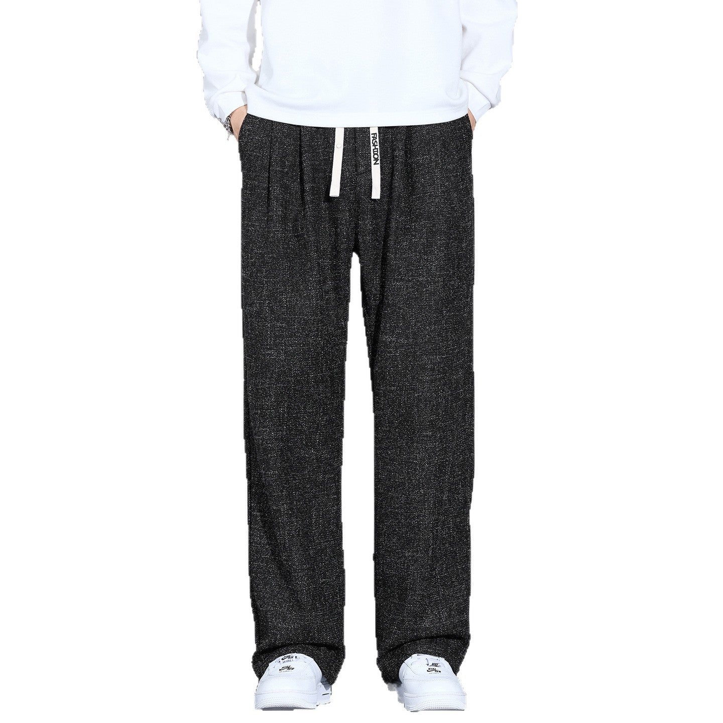 Men's Loose Lightweight Trousers with Pleats, Drawstring and Side Design Stripe Chichicherry