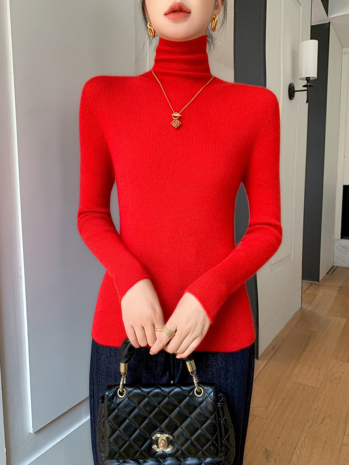 Women's Slim Fine Knit Sweater with High Turtleneck and Fine Rib Structure Chichicherry