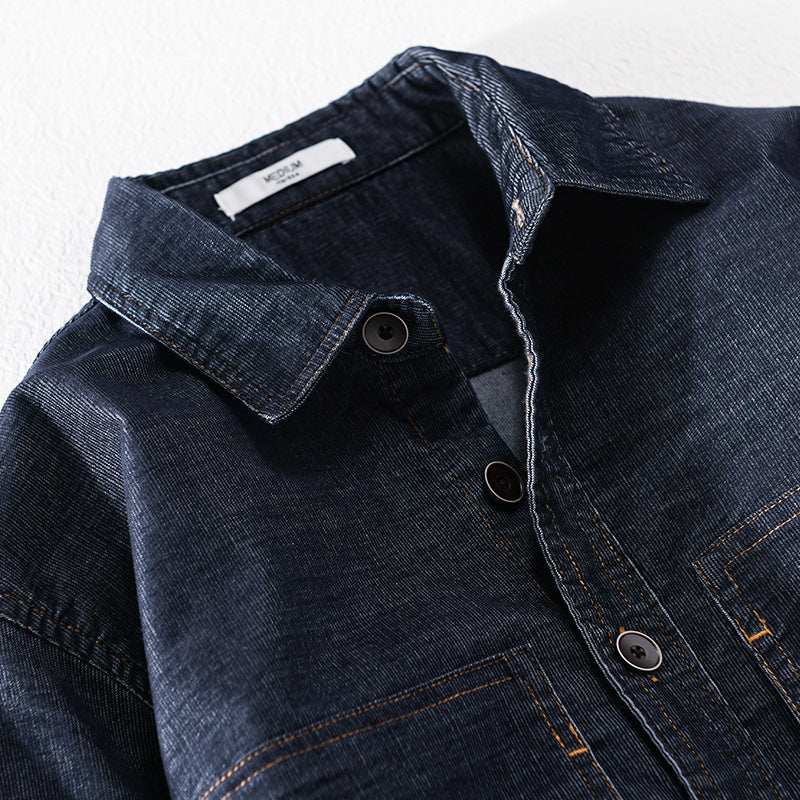 Men's Structured Denim Twill Overshirt Jacket with Large Patch Pockets Chichicherry
