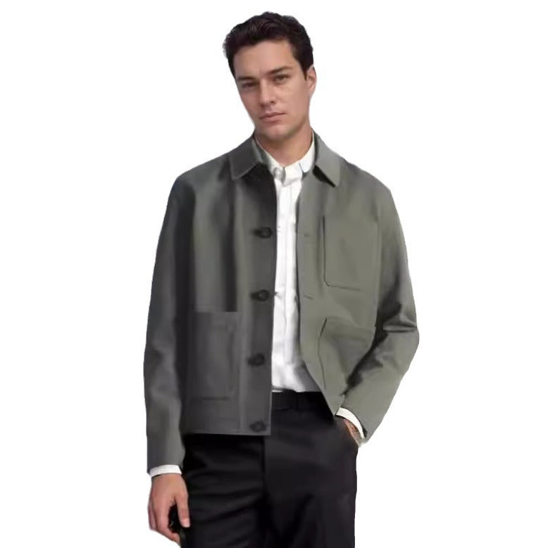 Men's short chore coat with shirt collar, patch pockets, and minimalist button placket Chichicherry