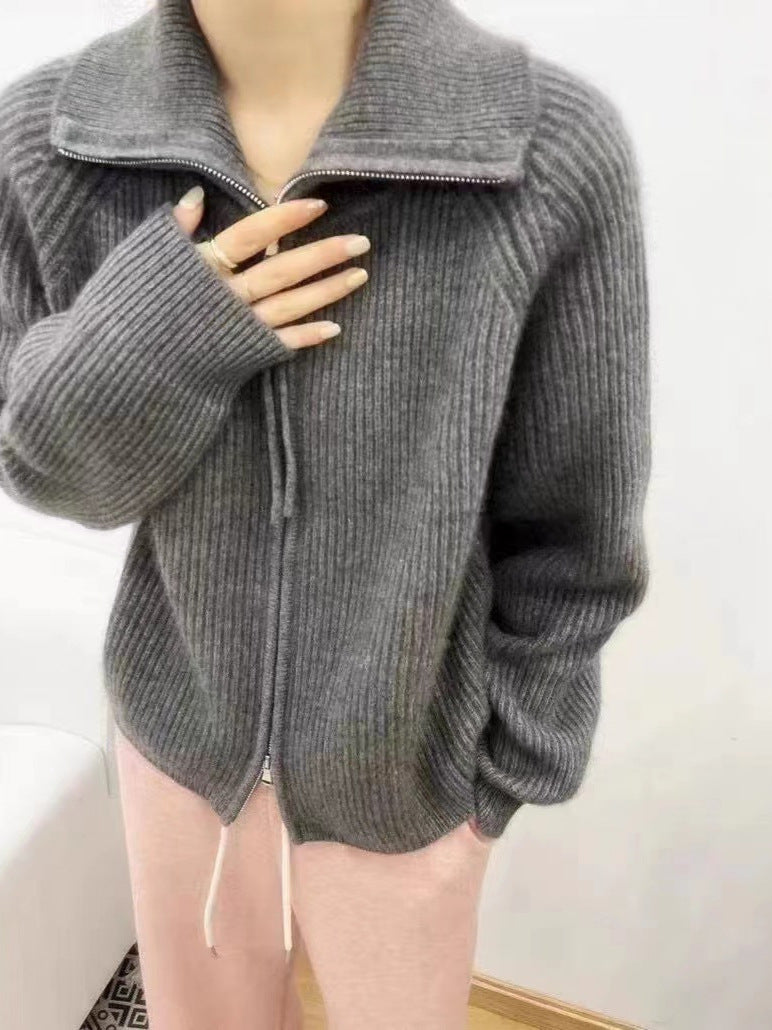 Women Oversized Cardigan with Zipper, Stand-Up Collar and Ribbed Structure Chichicherry