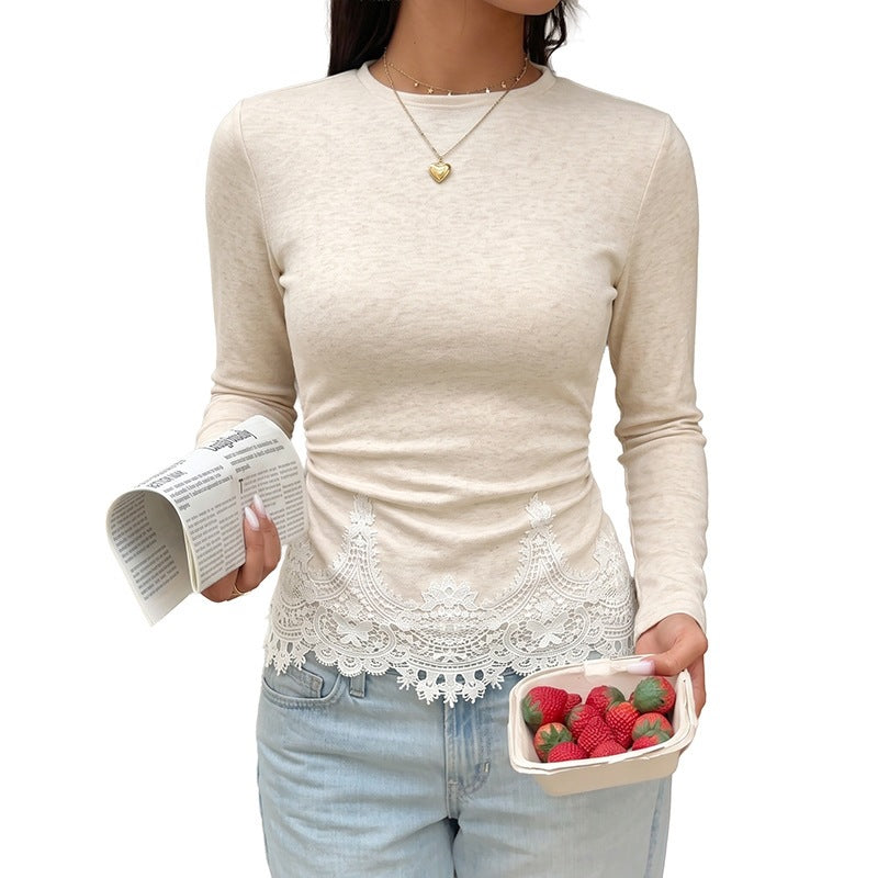 Women's Fitted Long Sleeve Shirt with Fine Lace Trim at the Hem and Round Neckline Chichicherry