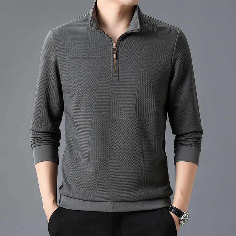 Men's Structured Pullover with Half Zipper High Stand Collar and Geometric Relief Structure Chichicherry