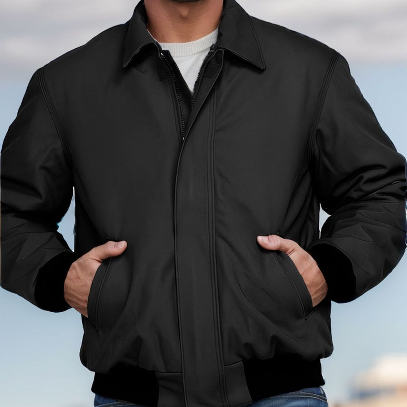 Men's short bomber jacket made of soft synthetic leather with ribbed cuffs Chichicherry