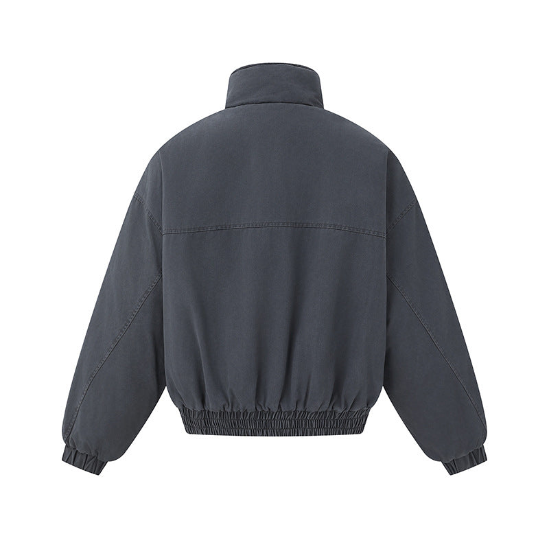 Unisex Boxy-Canvas-Bomber Jacket with High Stand-Up Collar, Diagonal Seam Design and Elastic Hem Chichicherry