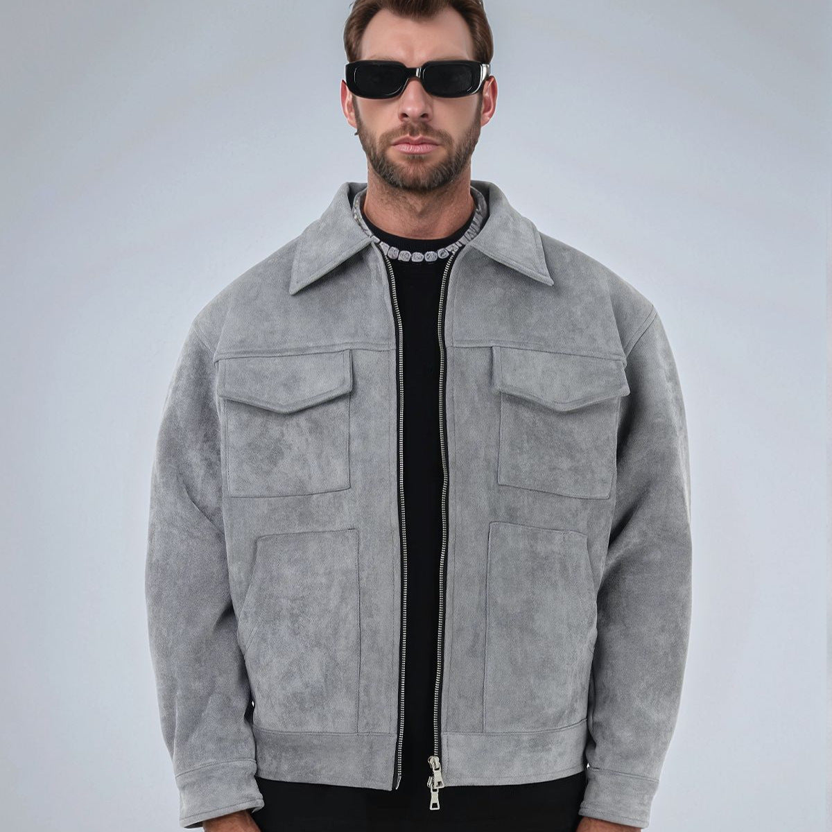 Men's suede overshirt with four flap pockets and two-way zip Chichicherry