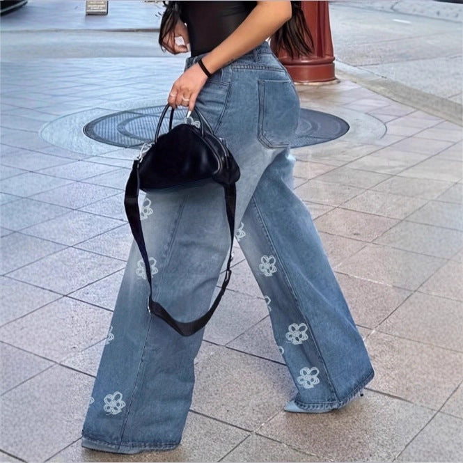 Ladies High-Waist Wide-Leg Denim Jeans with Floral Allover Embroidery Chichicherry