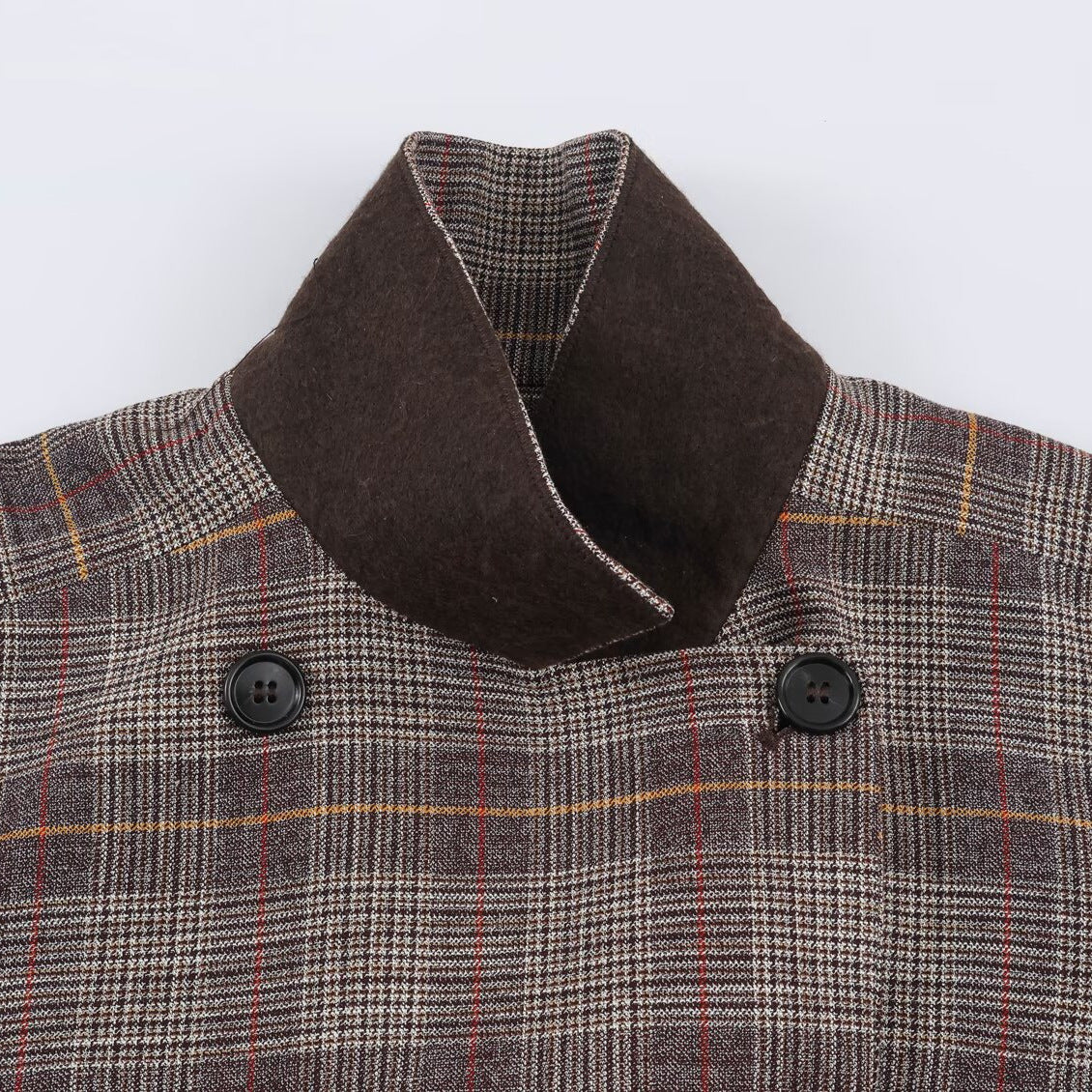 Ladies Short Double-Breasted Tailored Check Jacket with Stand Collar and Waist Straps Chichicherry
