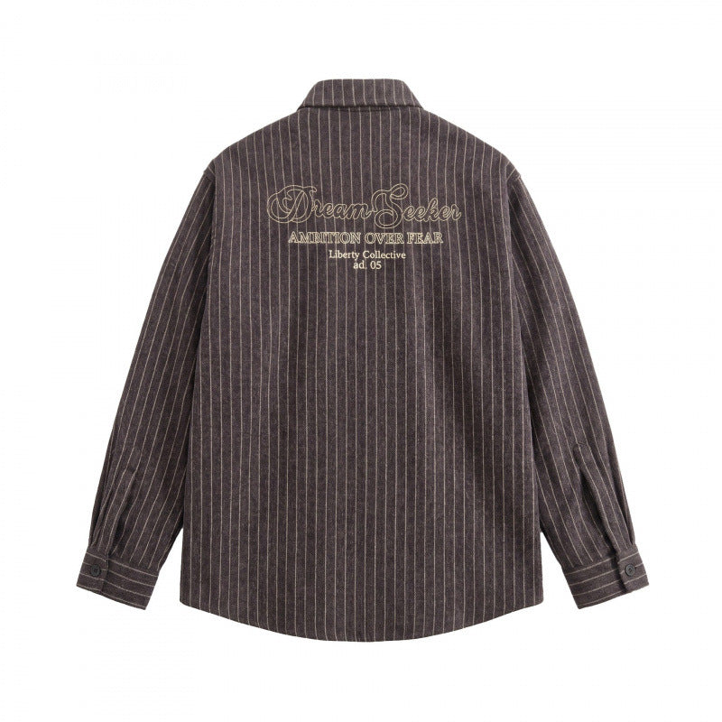 Unisex Overshirt Shirt Jacket with Pinstripes and Patch Pocket Chichicherry