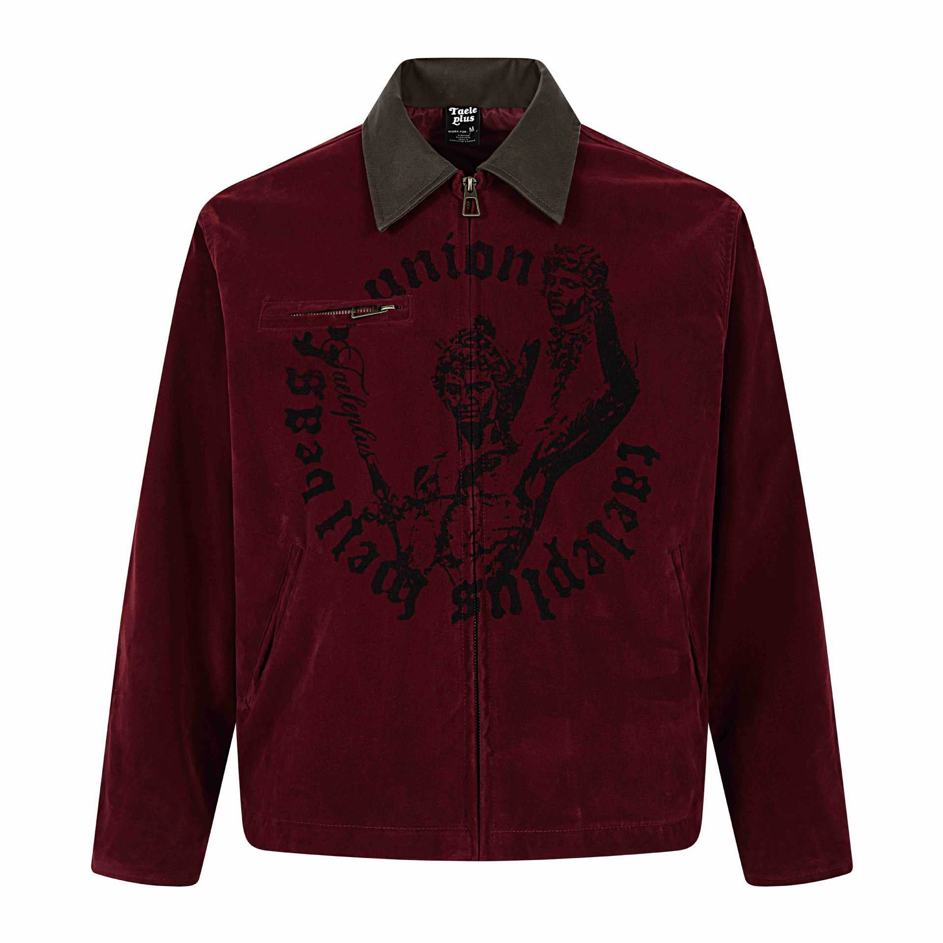 Men's velvet bomber jacket with contrast collar, front zipper and graphic print Chichicherry