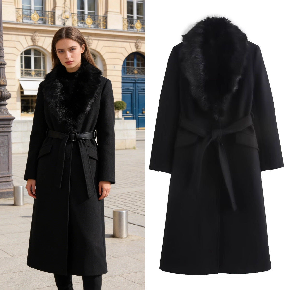 Women's wool coat with removable faux fur shawl collar and belted waist Chichicherry
