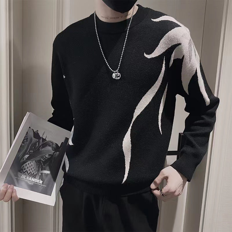 Herren Strickpullover mit abstraktem Flammen‑Jacquard und Rundhalsausschnitt Chichicherry