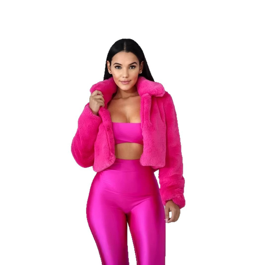 Women Cropped Faux Fur Blouson with tailored cut, stand-up collar and soft teddy finish Chichicherry