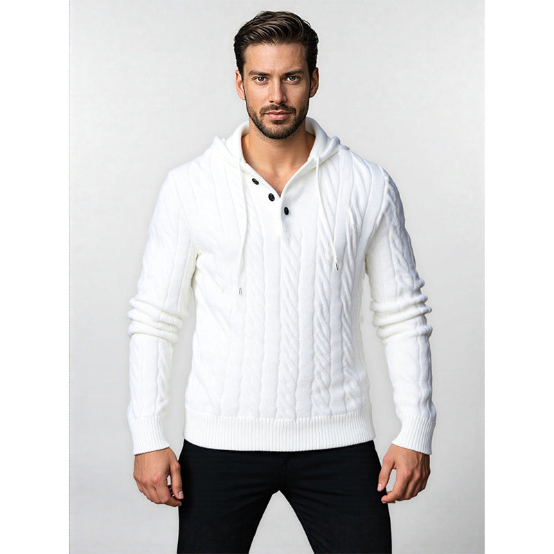 Men's Structured Cable Knit Hoodie with Button Placket Chichicherry