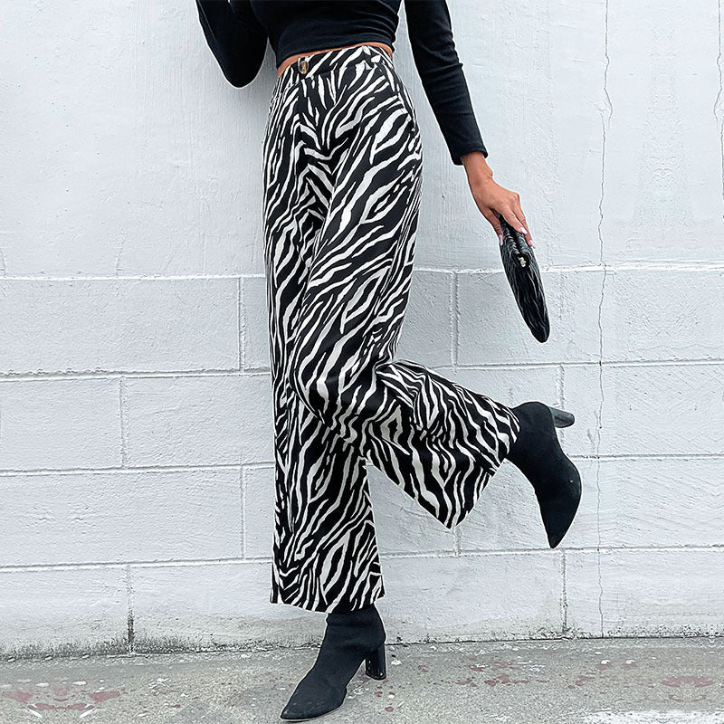 Women's Wide Palazzo Pants with Animal Zebra Pattern, High Waist and Belt Loops Chichicherry