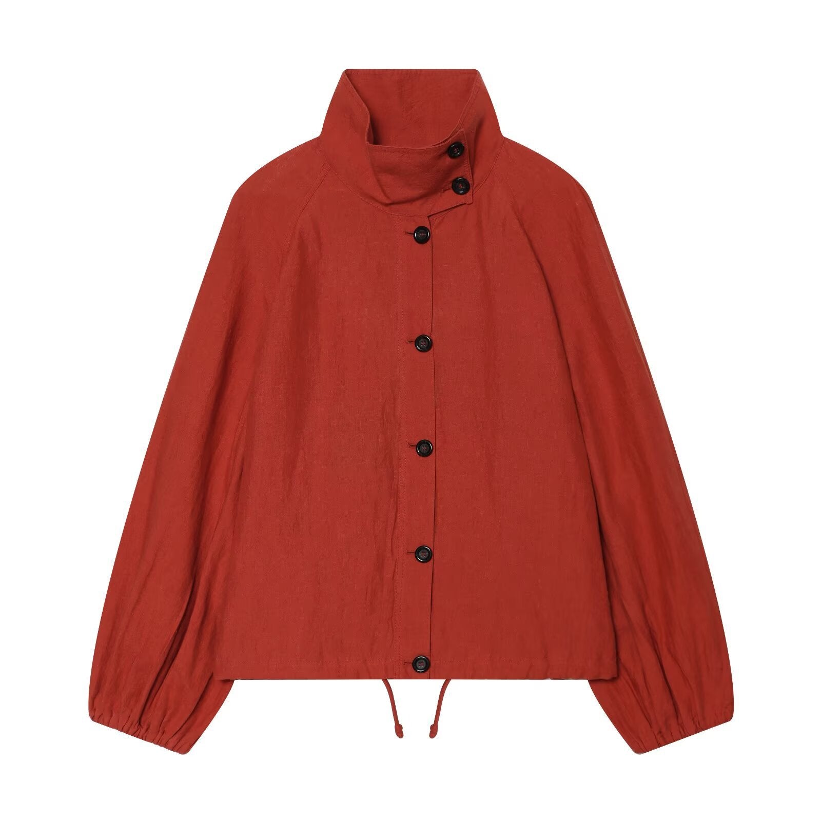 Ladies short jacket with high stand-up collar, continuous button placket and drawstring Chichicherry