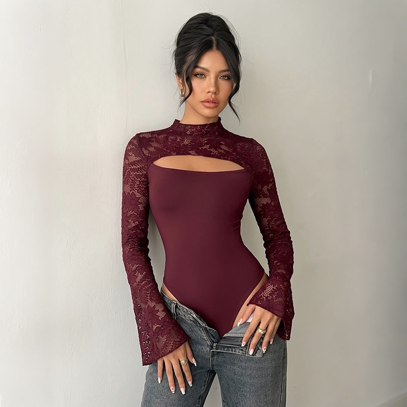 Women's lace bodysuit with cut-out, off-the-shoulder look and flared trumpet sleeves Chichicherry