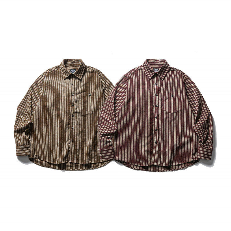 Men's Oversize Cord Shirt with Vertical Stripes, Chest Pocket and Rounded Hem Chichicherry