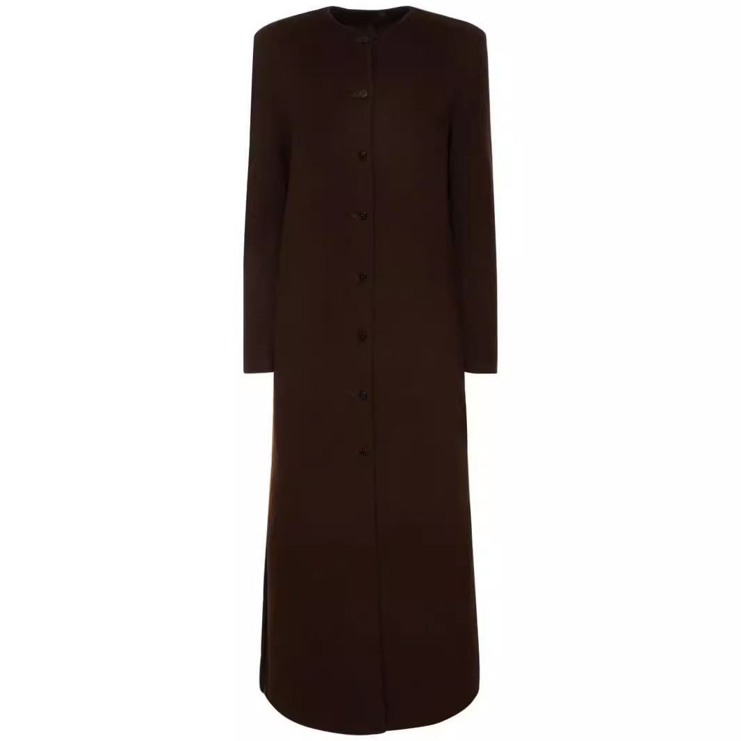 Women's Long Minimalist Stand-Up Collar Coat made of Wool Blend with Concealed Button Placket Chichicherry