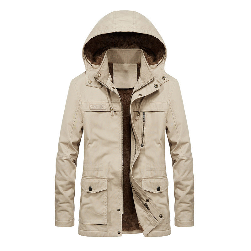 Men's Insulated Canvas Parka with Hood, Teddy Fleece Lining and Multifunctional Pockets Chichicherry