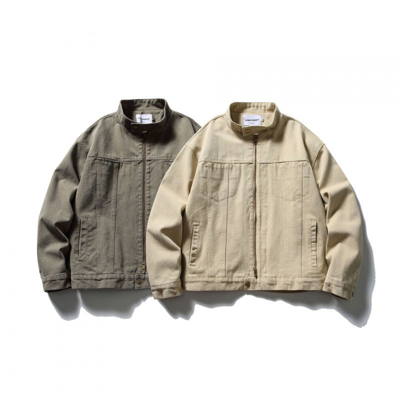 Men's Boxy Canvas Jacket with Stand-Up Collar, Zipper and Seam Panels Chichicherry