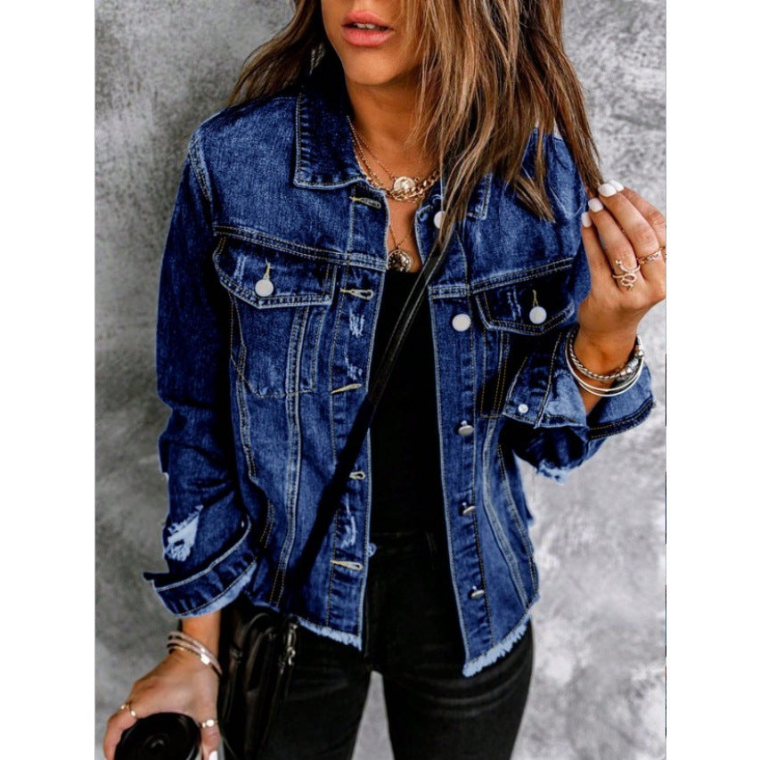 Women Tailored Denim Jacket with Destroyed Accents, Patch Pockets, and Visible Quilted Stitching Chichicherry