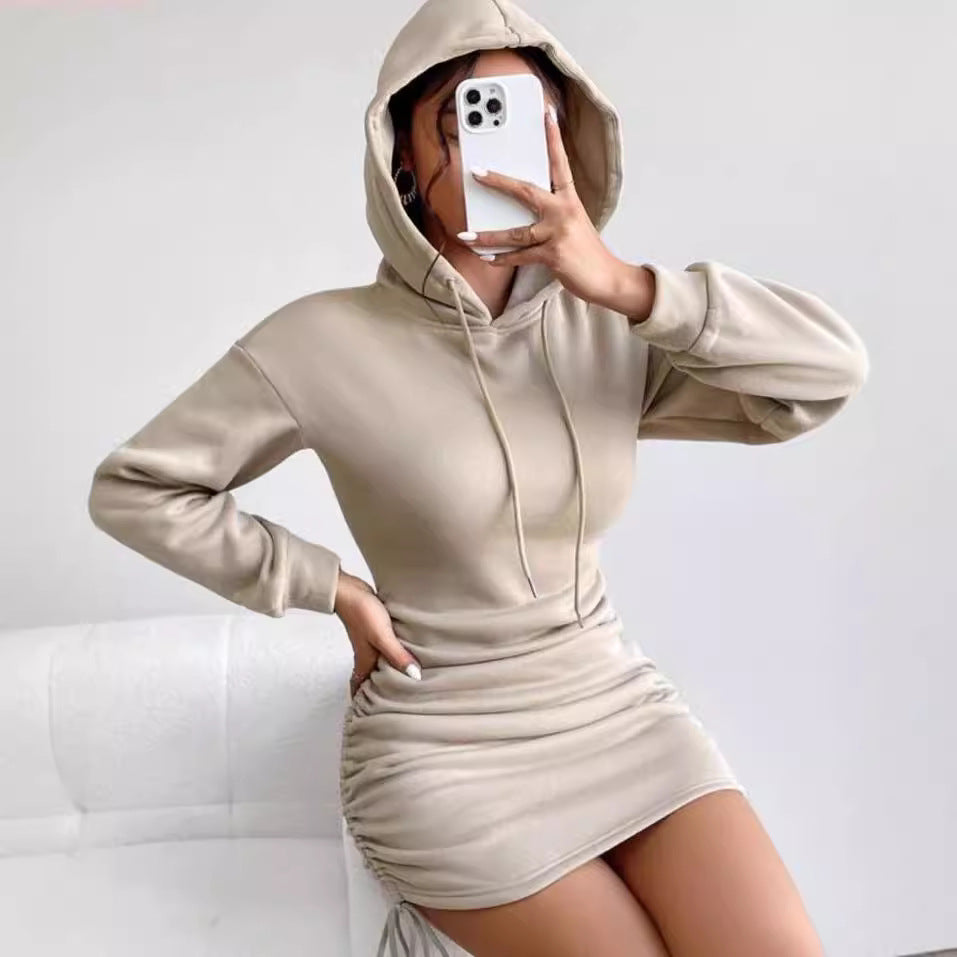 Damen Kapuzenkleid im Sweatshirt‑Stil mit gerafftem Minirock und Kordelzügen Chichicherry