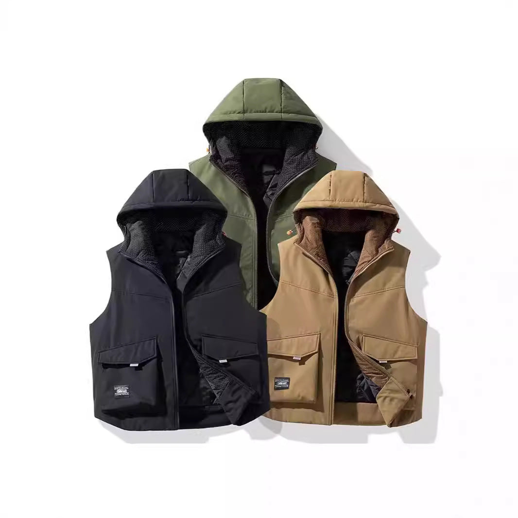 Men's Insulated Hooded Utility Vest with Multifunctional Pockets and Windproof Outer Layer Chichicherry