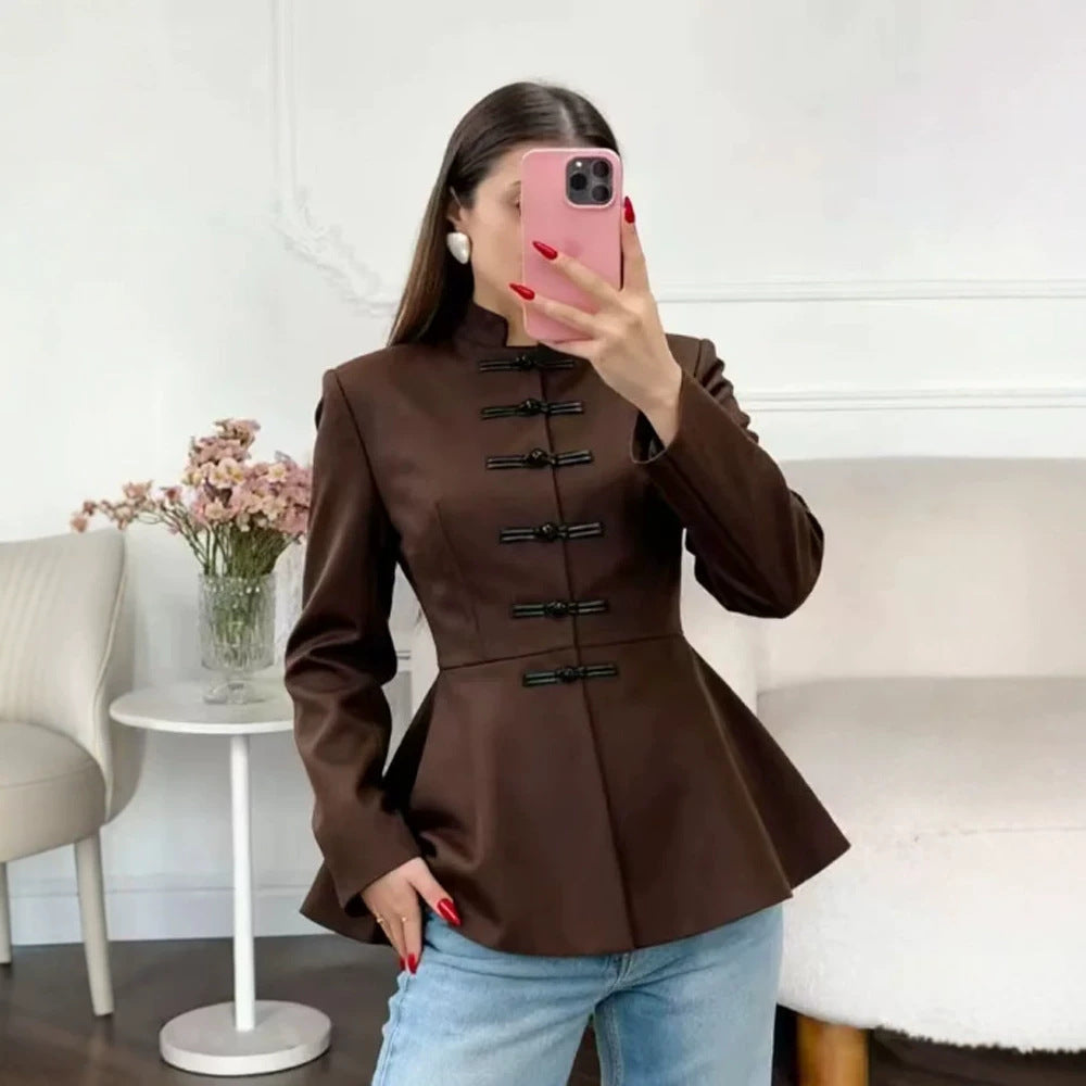 Women's Tailored Peplum Jacket with Stand Collar and Decorative Toggle Fasteners Chichicherry
