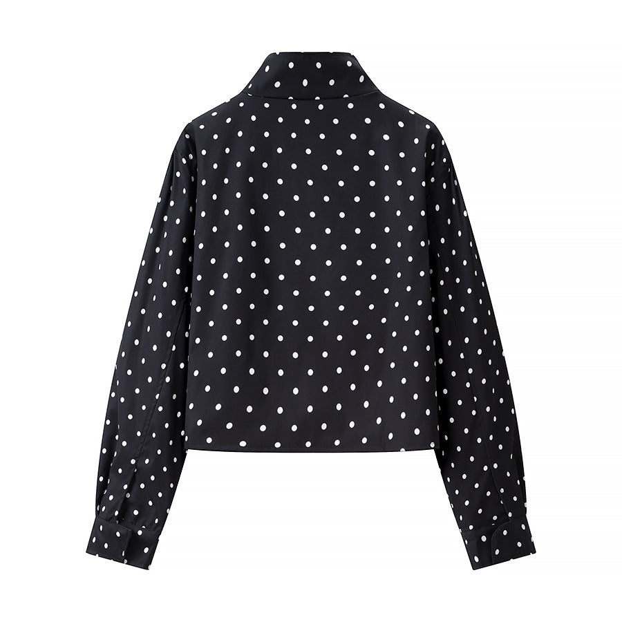 Women Polka Dot Short Jacket with Stand Collar and Concealed Snap Button Placket Chichicherry