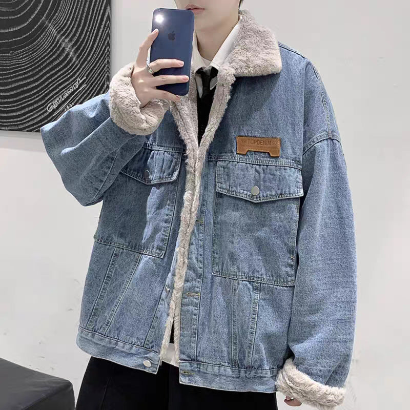 Herren Gefütterte Oversized Denimjacke mit Teddyfutter und Pattentaschen Chichicherry