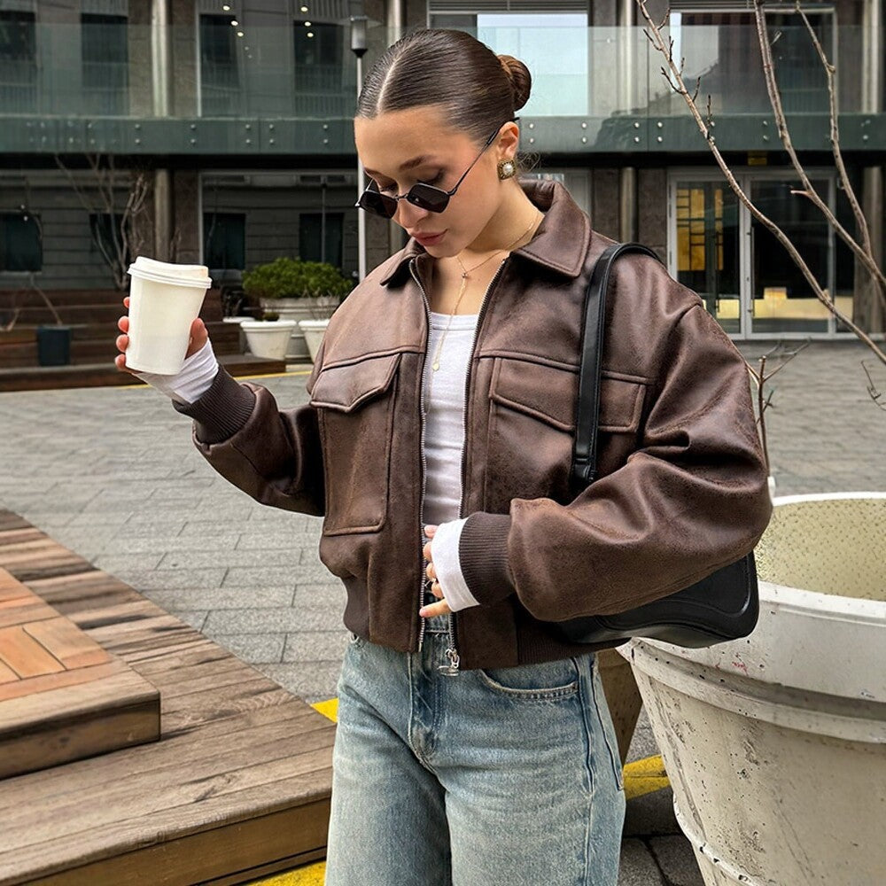 Women's Cropped Suede-Look Bomber Jacket with Large Flap Pockets and Ribbed Hem Chichicherry