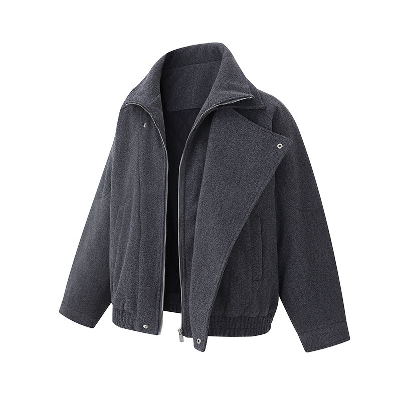 Men's Boxy Wool Blend Blouson Jacket with Asymmetric Double Fastening and High Stand-Up Collar Chichicherry