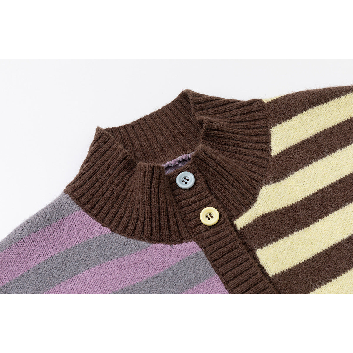Women's cardigan in patchwork stripe mix with stand collar and button placket Chichicherry