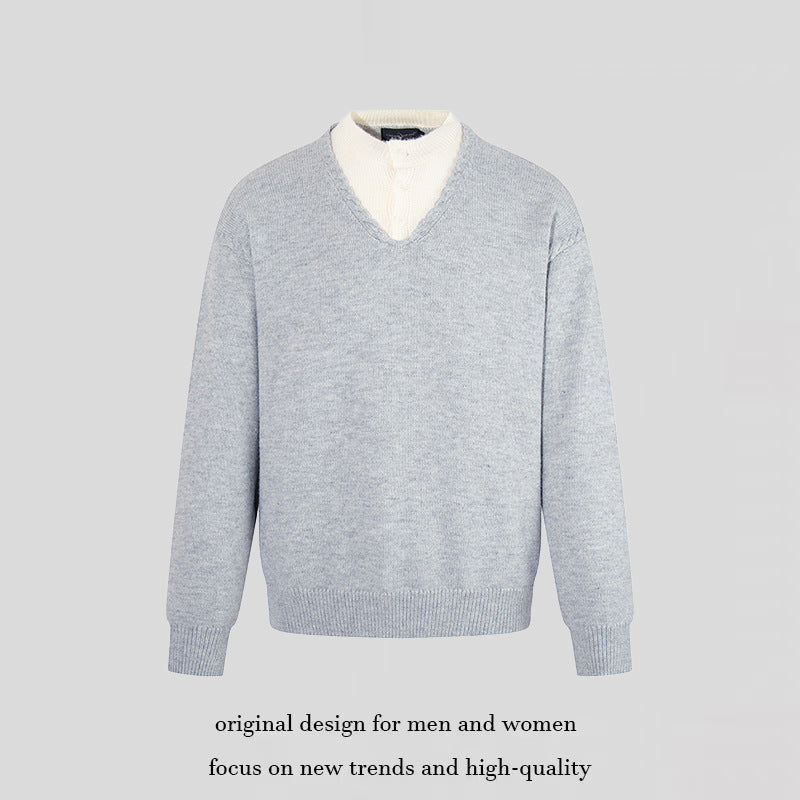 Men's Fine V-Neck Sweater with Layered Look and Stand-Up Collar Inner Part Chichicherry