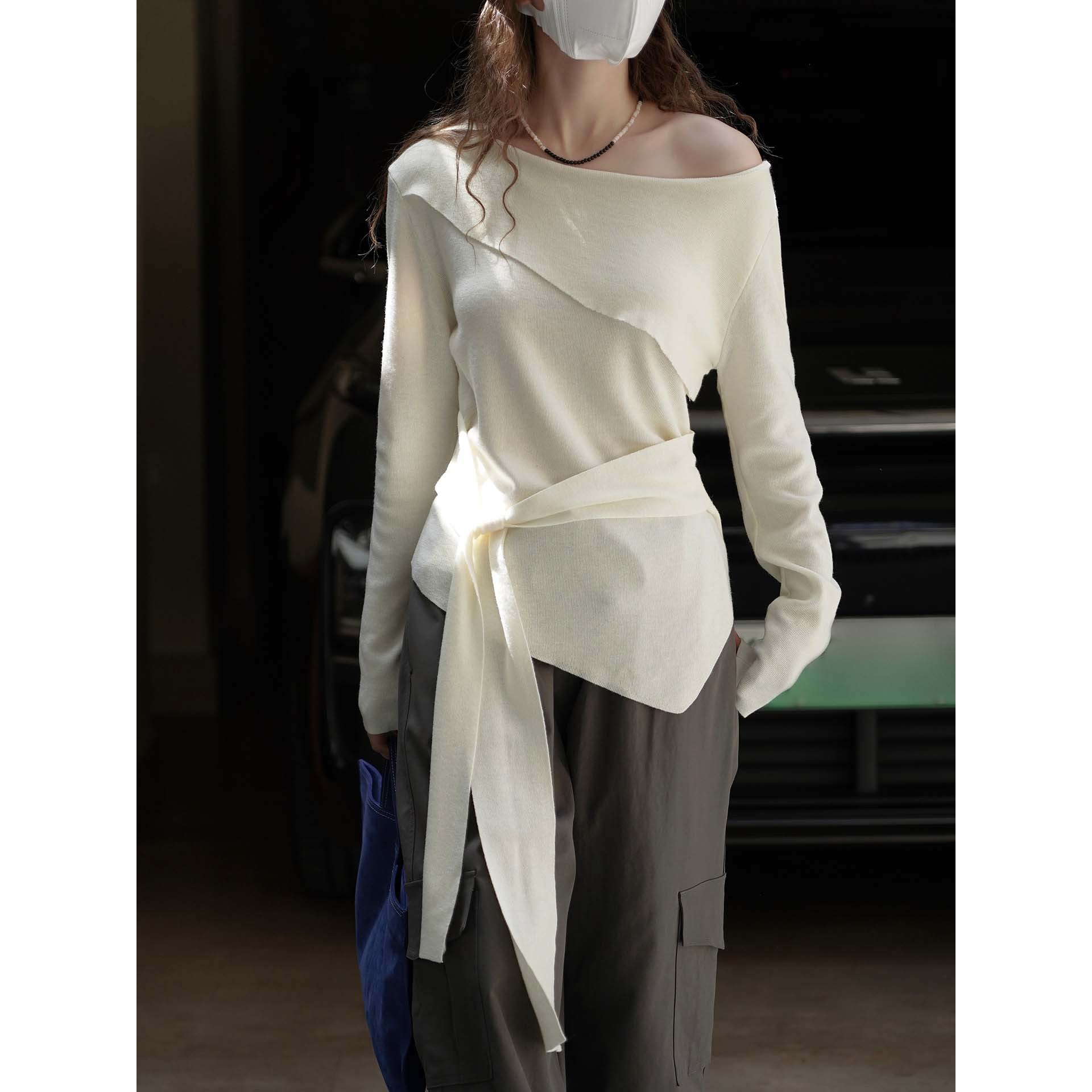 Women's Asymmetric One-Shoulder Fine Knit Top with Ties Chichicherry