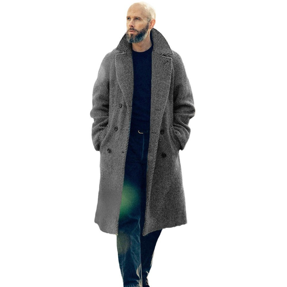 Men's Double-Breasted Wool Blend Coat with Herringbone Pattern and Waist Belt Chichicherry