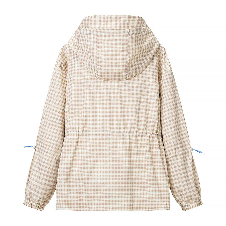 Women's Lightweight Checkered Hooded Jacket with Drawstring and Zipper Pockets Chichicherry