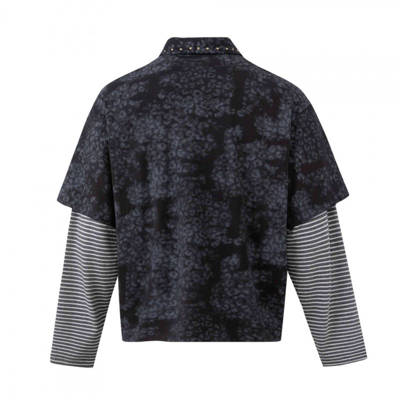 Unisex Layered Look Polo Shirt with Studded Collar, Graphic Print and Striped Sleeves Chichicherry