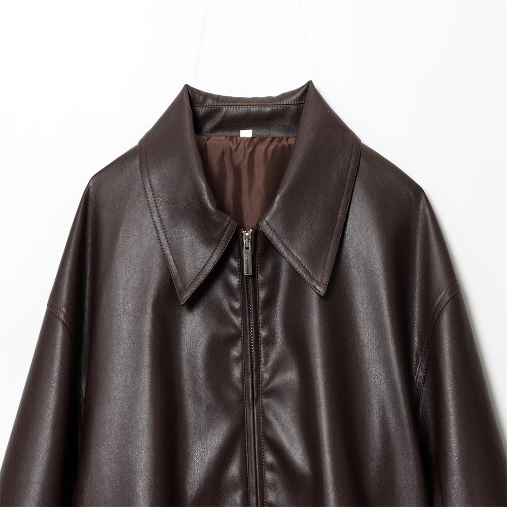 Women's short-cut oversized blouse jacket made of vegan leather with shirt collar and elastic hem Chichicherry