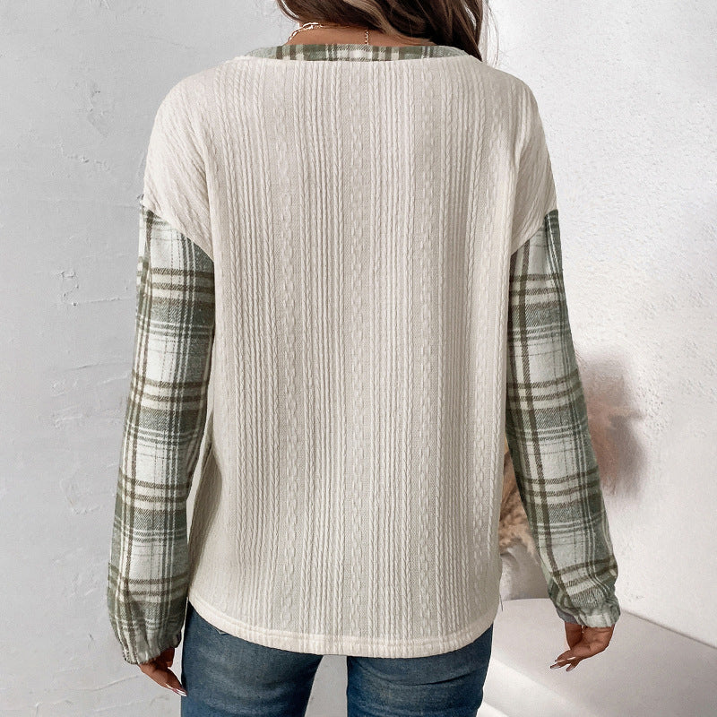 Women's Long-Sleeve Knit Blend Shirt with Checkered Sleeves, Henley Button Placket & Structure Mix Chichicherry