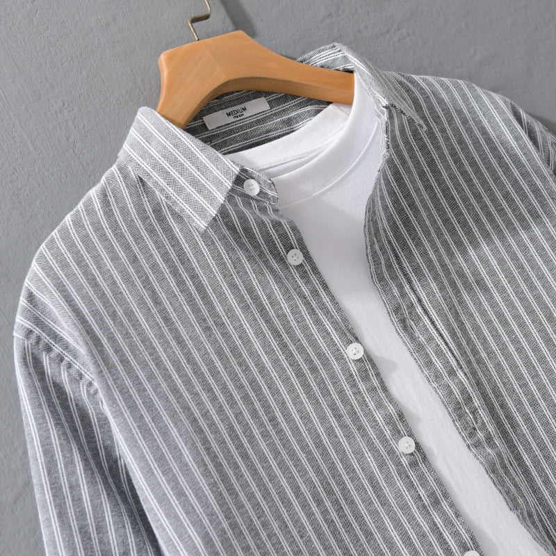 Men's Casual Linen-Cotton Long Sleeve Shirt with Fine Pinstripe, Easy-Care Finish and Curved Hem Chichicherry