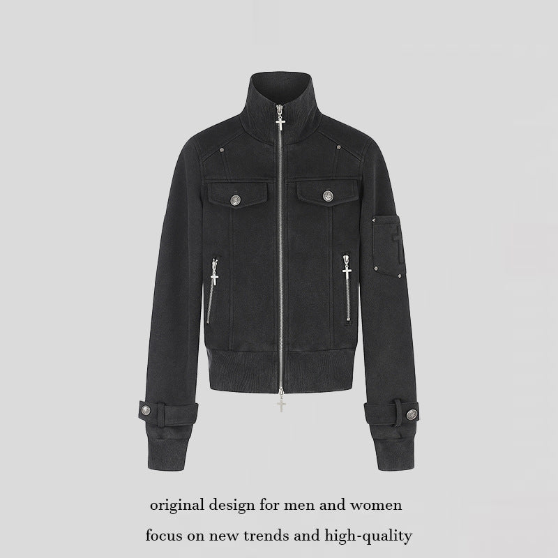 Women Tailored Zip Jacket with High Stand-Up Collar, Decorative Straps & Adjustable Closures Chichicherry