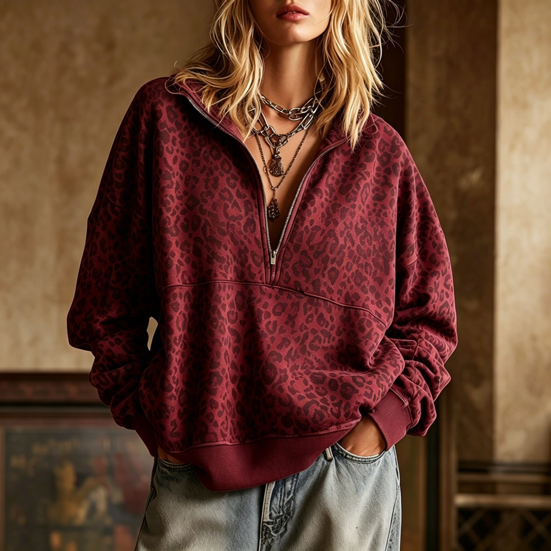 Women's Oversized Sweatshirt with Half Zipper and Leopard Print