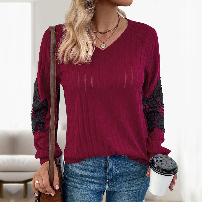 Women's Ribbed Long Sleeve with V-Neck, Lace Inserts at the Elbows and Balloon Sleeves Chichicherry