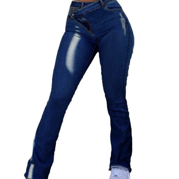 Ladies Low-Crossover-Flared-Jeans with sculpting cut and asymmetrical waistband Chichicherry